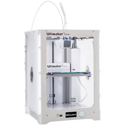 A white 3D printer with transparent sides shows an open build platform. Model: Ultimaker 3 Extended.