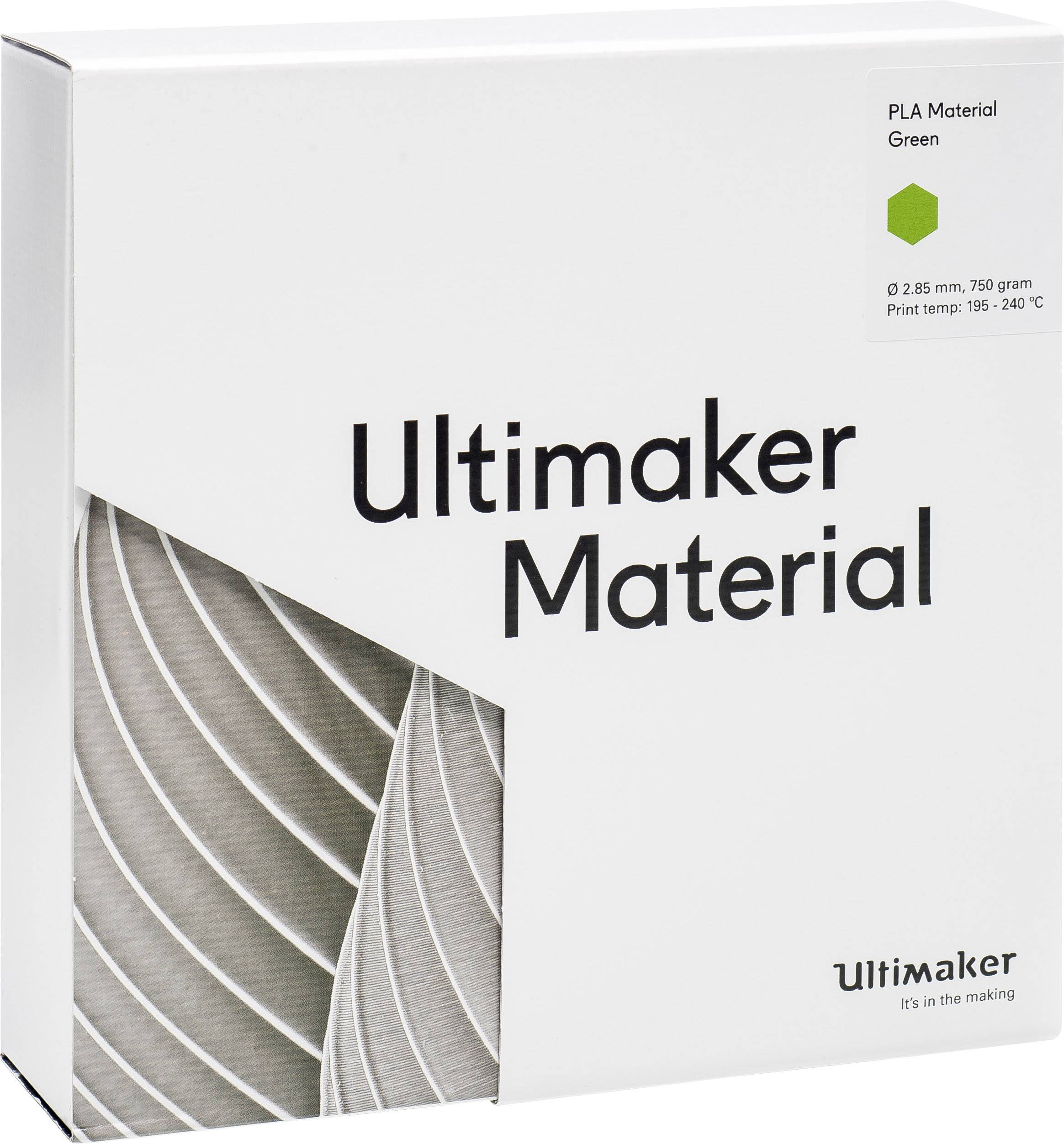 Packaging of an Ultimaker 3D printing filament spool with the inscription 'PLA Material, Green'. Contains details about printing temperature.