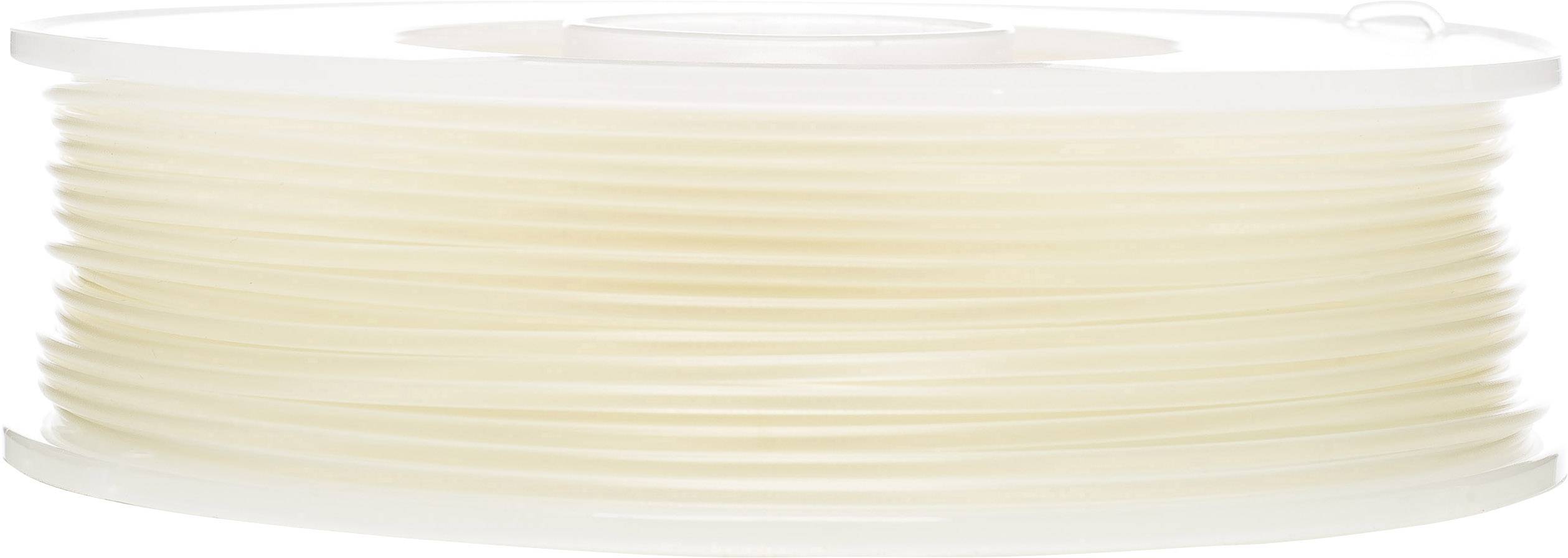 A reel of transparent 3D printer filament, wound horizontally. It is housed in a white, circular casing.