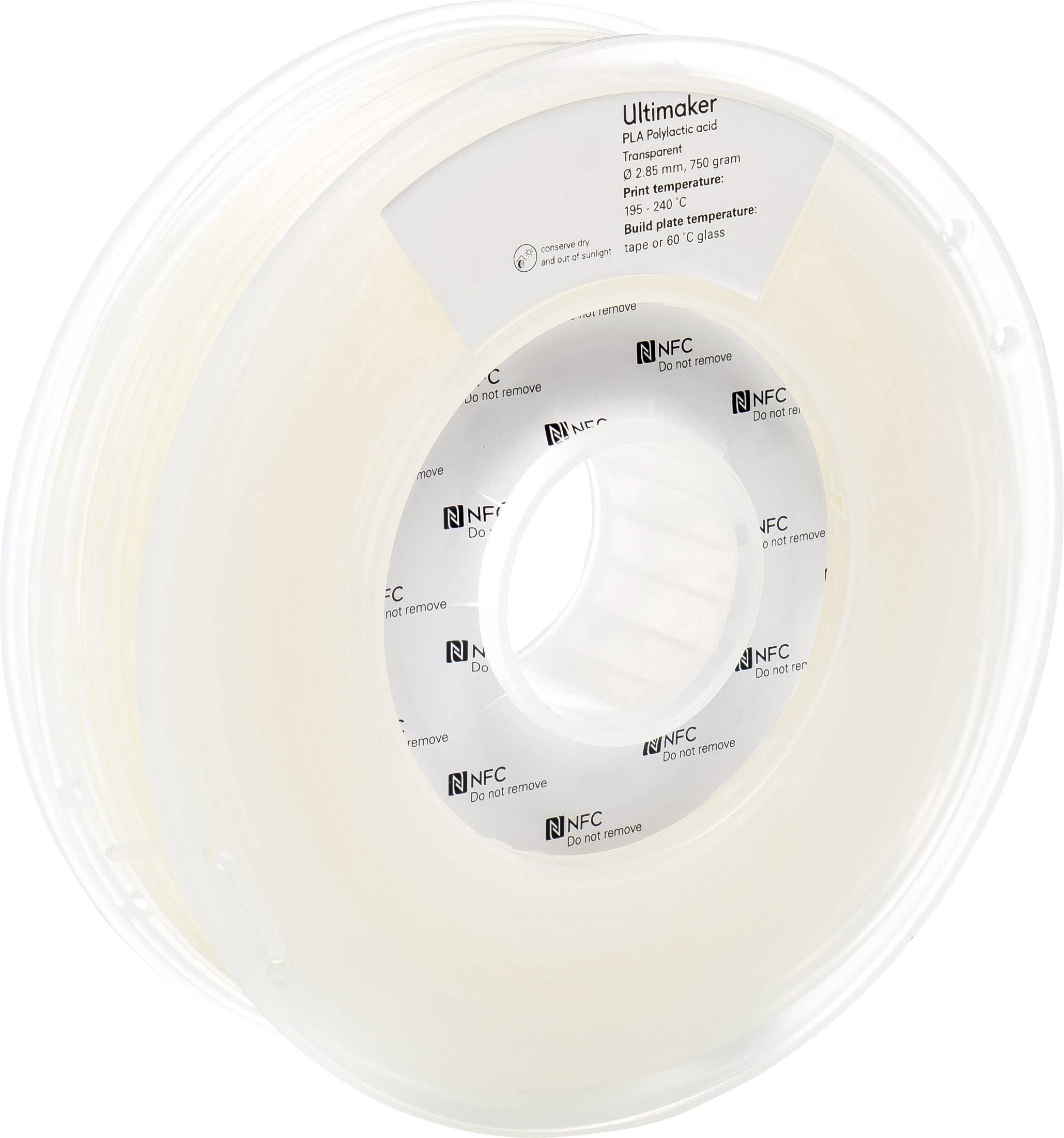 A reel of transparent 3D printer filament, with brand name and specifications visible on the label, ideal for precise printing.