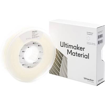 Ultimaker 3D printer filament in a transparent colour next to a packaging box labelled 'Ultimaker Material'.