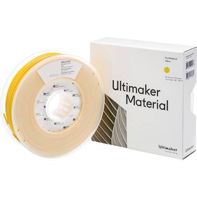 'Ultimaker Material' packaging and yellow filament spool for 3D printers, PLA material. Packaging displays logo and diagram of a 3D-printed object.