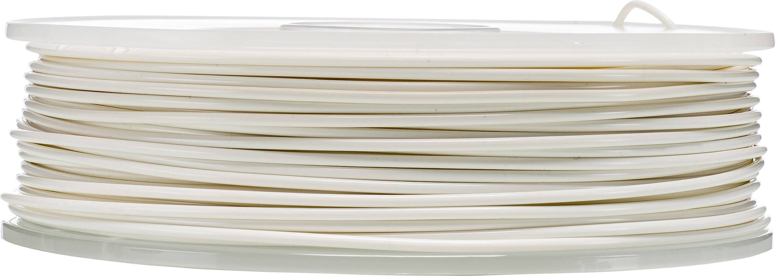 A white, flat spool with wound plastic filament, typically used for 3D printing.