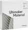 A packaging with the label 'Ultimaker Material' for silver ABS material. Print temperature: 225-260 °C. Weight: 750 grams.