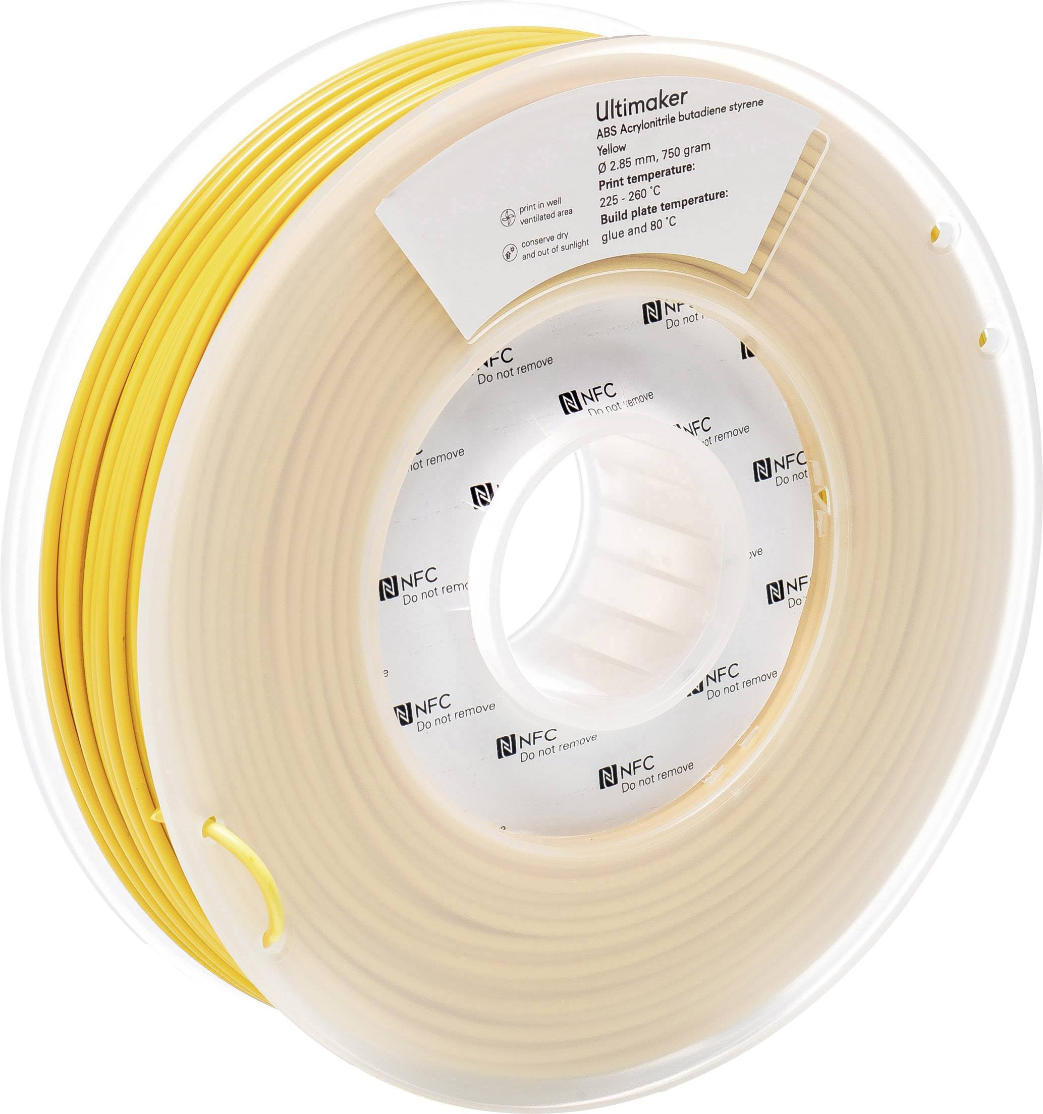Spool of yellow 3D printer filament from Ultimaker, suitable for temperatures up to 80°C.
