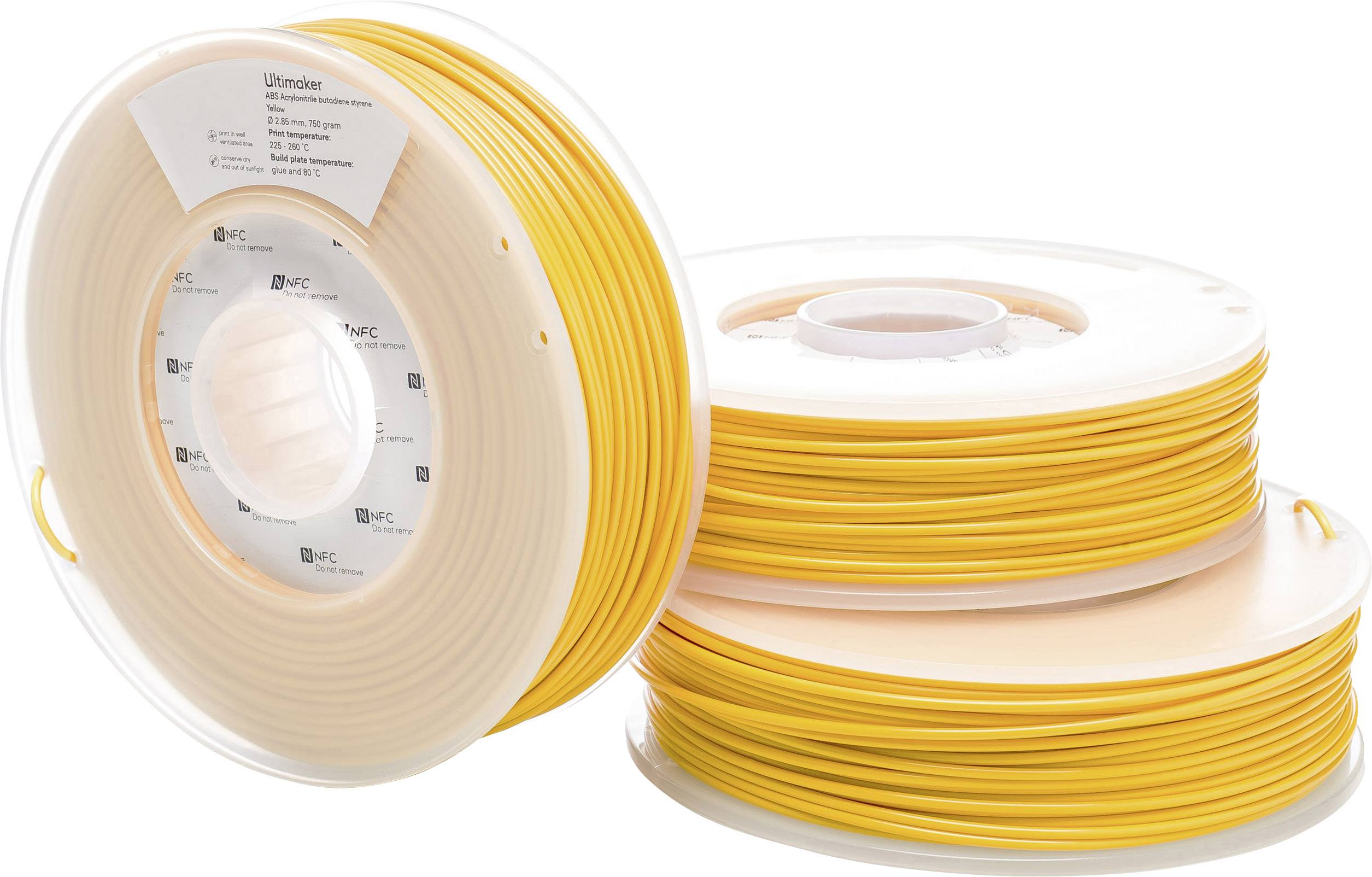Three rolls of yellow 3D printer filament, stacked on top of each other; front roll showing label with technical details.