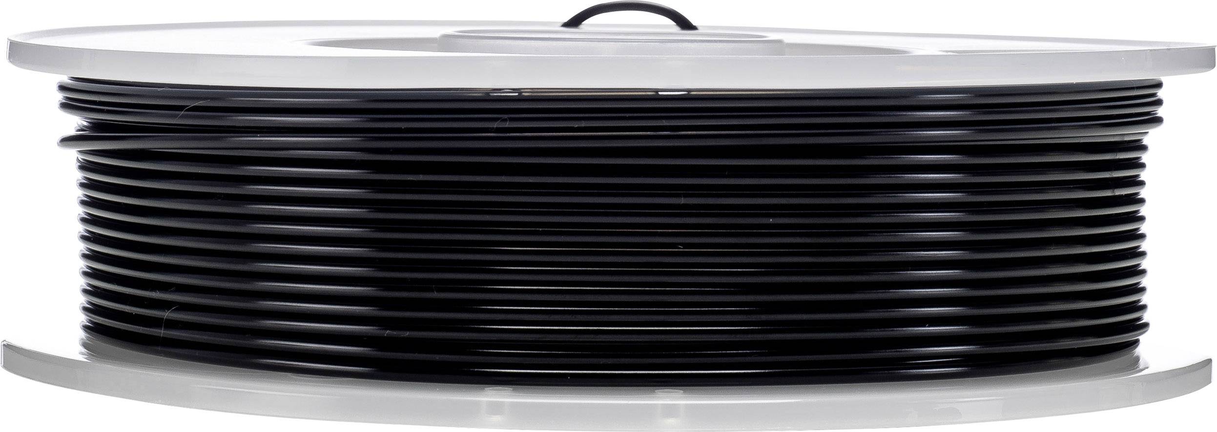 A reel of black filament, used for 3D printers.