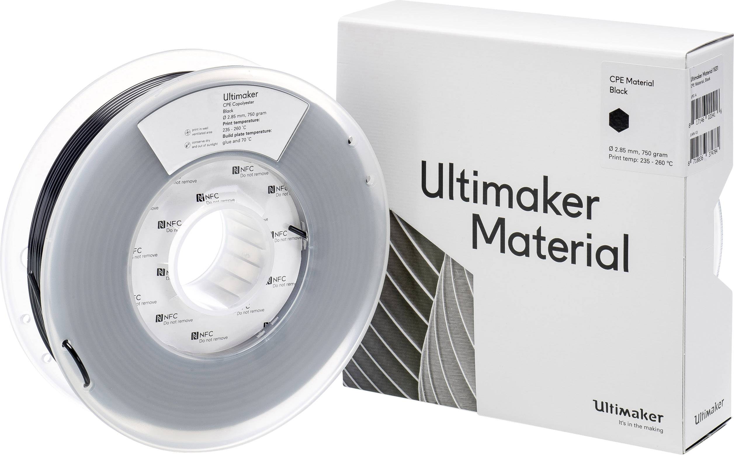 Reel of CPE material in black from Ultimaker, packaged in a white box, ideal for 3D printing with technical specifications.