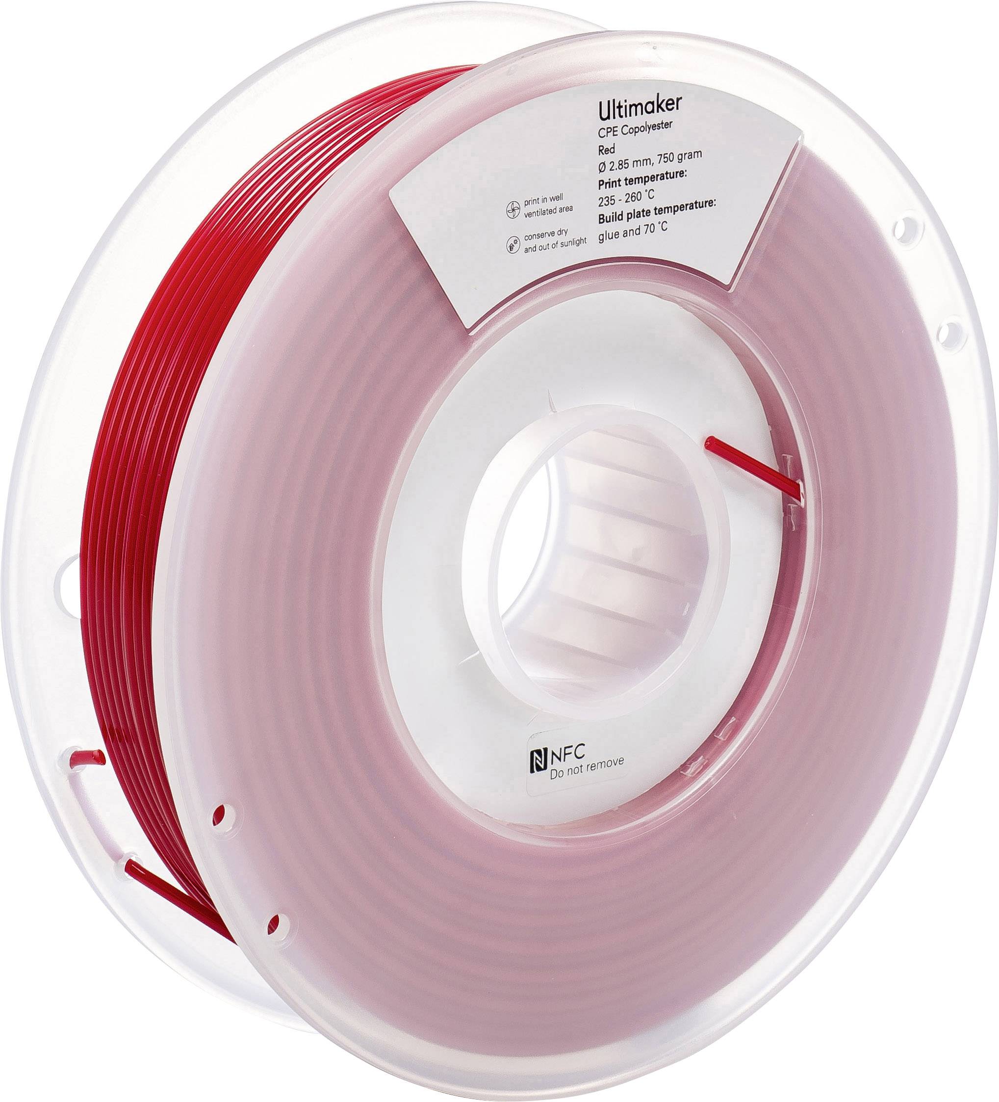 Reel of red 3D printer filament with brand name and specifications on a white label.