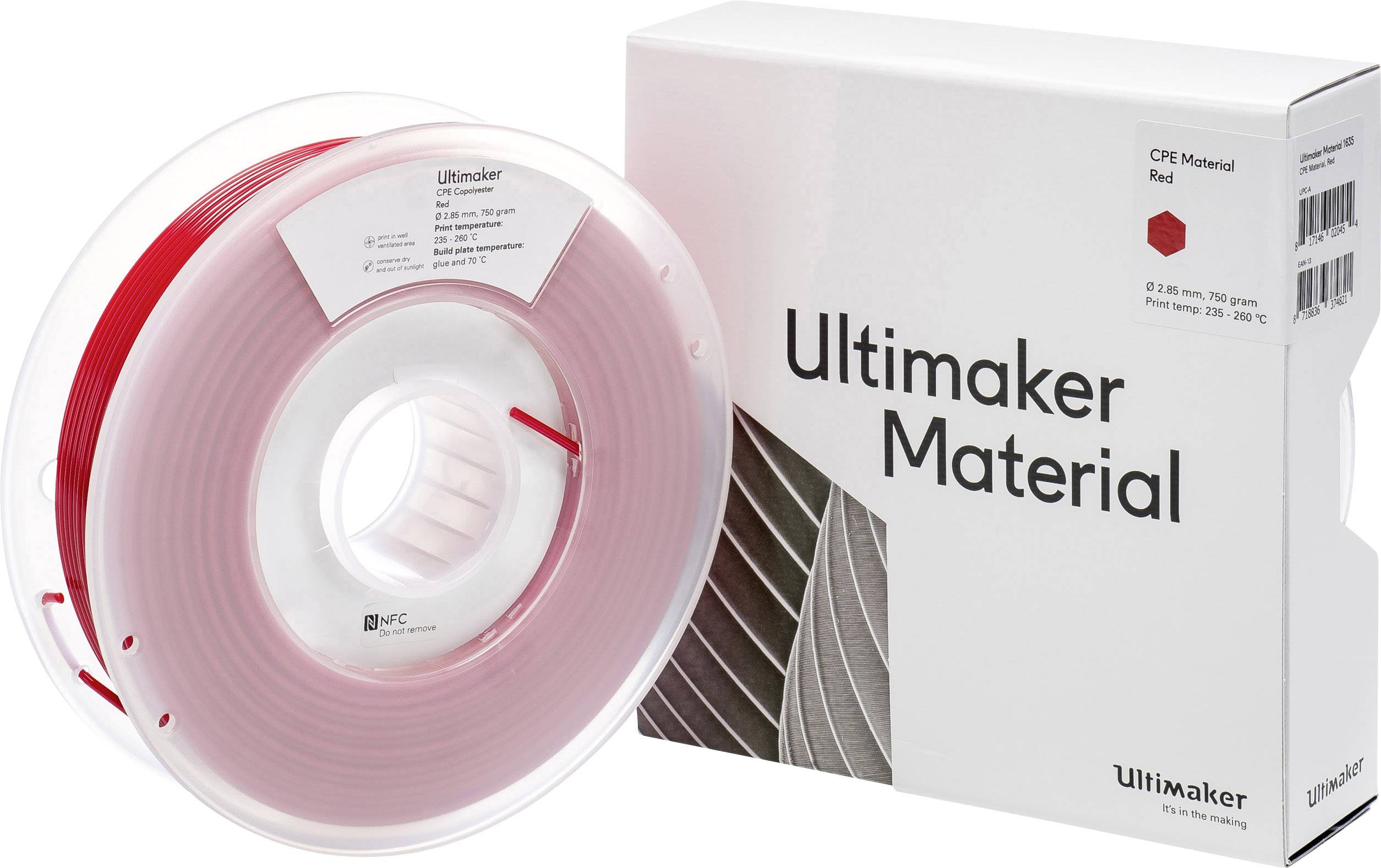 A red filament reel for 3D printers next to a package labelled 'Ultimaker Material'.