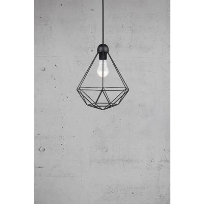 Modern hanging light with a geometric, black metallic design hangs in front of a grey concrete wall.