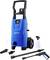 Blue Nilfisk pressure washer with accessories including spray bottle, nozzle and extension lance. Suitable for outdoor cleaning tasks.