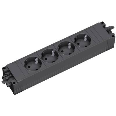 A black four-socket extension lead suitable for electronic devices, placed against a grey background.