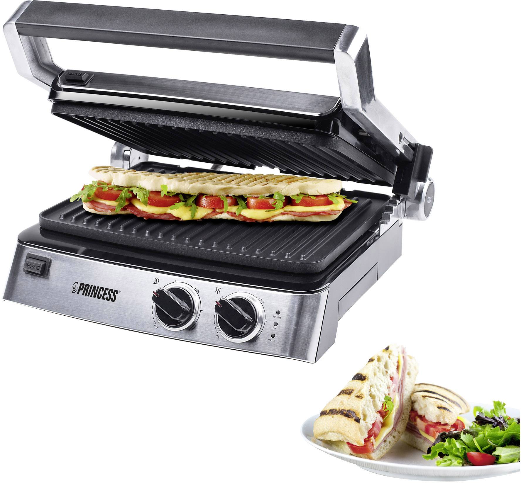 Princess Electric Grill press 2 separate temperature knobs Stainless steel, Black