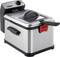A silver deep fat fryer with a black handle and red label '3200W Oil Filter Safe & Clean'.