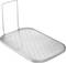 A rectangular metal tray with small holes and an upright handle on one side, used for draining kitchen utensils.