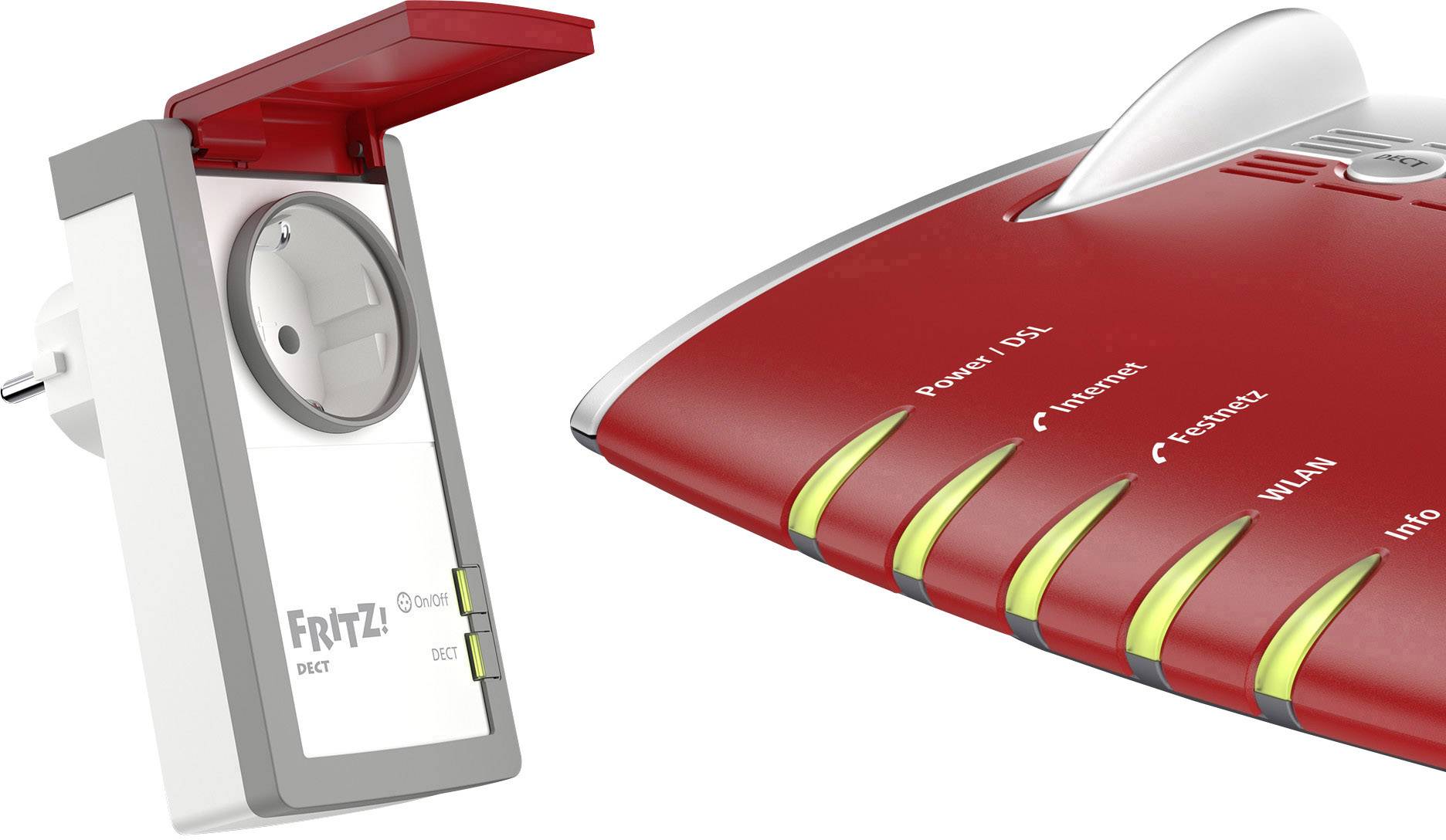 A FRITZ!DECT plug socket next to a red FRITZ!Box router. Both devices are intended for home network control and connectivity.