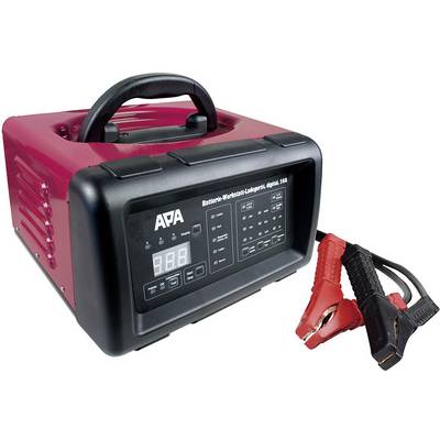 A red, portable battery charger with a digital display and two connected clamps for vehicle battery charging.