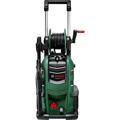 Bosch high-pressure washer with integrated hose reel, green and black, compactly designed, suitable for outdoor cleaning.