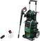 Pressure washer in green with accessories, comprising a hose, spray gun and separate container, on a white background.