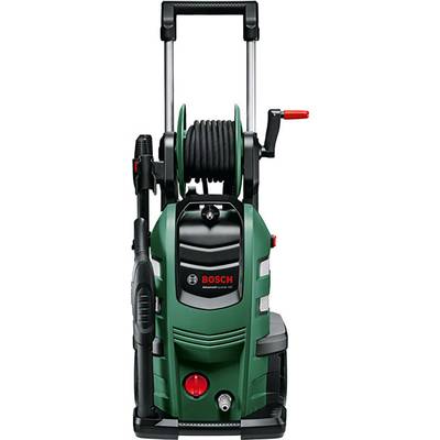 Pressure washer with hose reel, green and black, 'Bosch' brand logo, red control elements, for outdoor cleaning work.