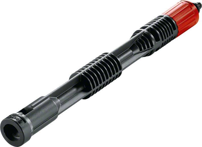 A long, black drain snake with red plastic handles.