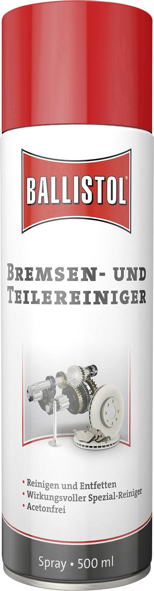 'Aerosol Ballistol Brake and Parts Cleaner, 500 ml, red cap. Suitable for cleaning and degreasing automotive and mechanical components.'
