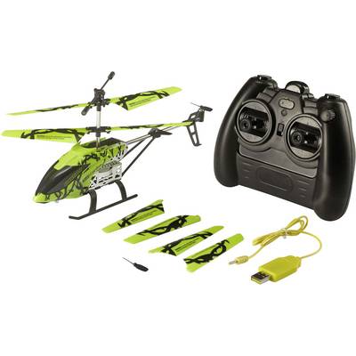 Toy helicopter in green with remote control, three spare rotors and USB charging cable.