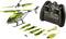 Toy helicopter in green with remote control, three spare rotors and USB charging cable.