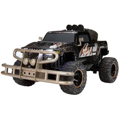 Toy monster truck with large tyres and a black, gleaming bodywork. The design features the 'Bull Scout' lettering.