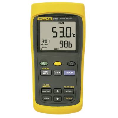 A yellow hand-held thermometer displays '53.0°C' on the display. Below are various control buttons for adjustment and storage.
