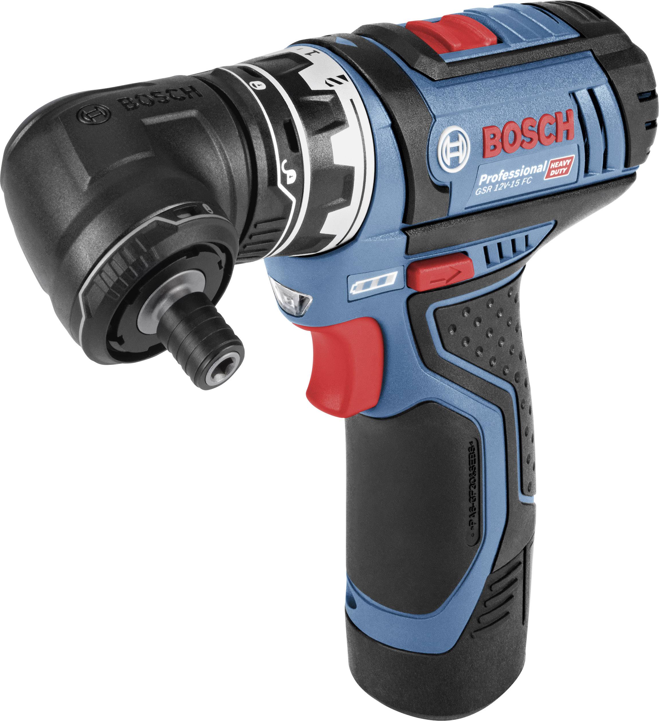 Blue battery-powered drill driver with Bosch logo, ergonomic handle and red control button, suitable for professional use.