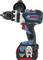 A blue and black cordless drill driver with a red Bosch battery. It features multiple settings and a sturdy handle.