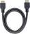 A black HDMI cable with two HDMI plugs at each end lies in a loop shape.