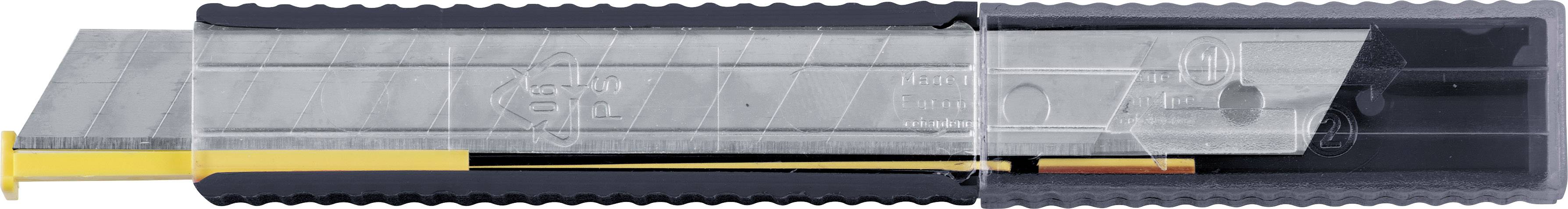 A metal craft knife with a grey blade and black handle, blade partially extended.