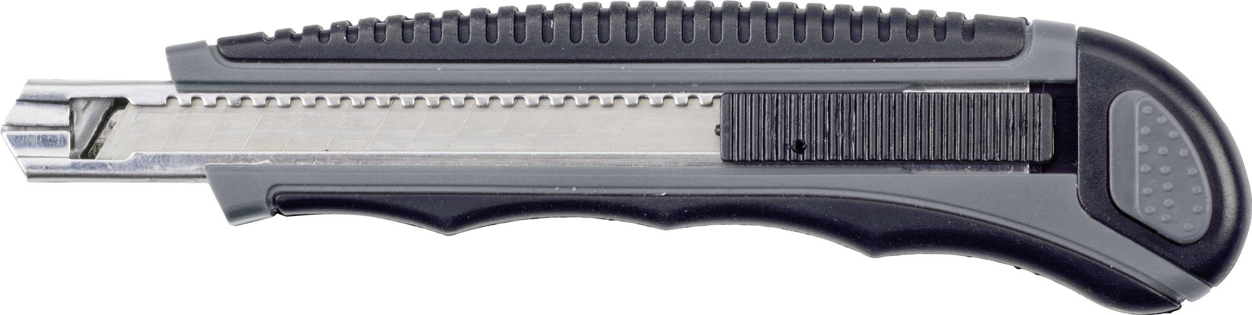 A black and grey multitool with a serrated grip and retractable blade, lying on a surface.