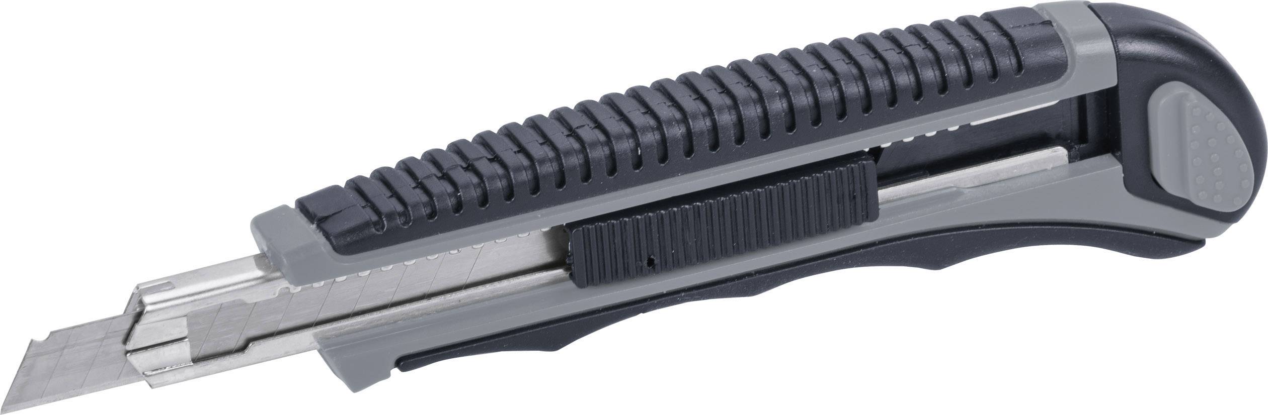 Grey-black craft knife with retractable, sharp blade and textured handle.