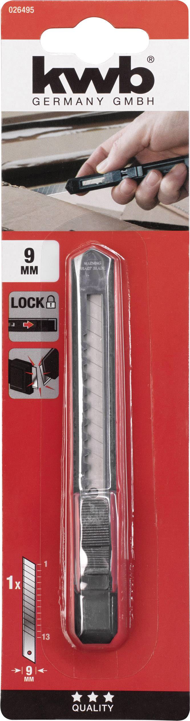 Packaging for a 9mm cutter knife with safety lock. Red background colour, brand name at the top, product image at the bottom.