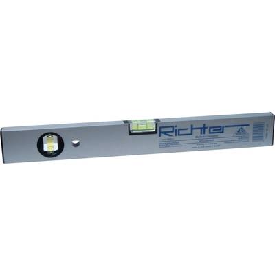 Spirit level with two vials for alignment. Silver-coloured with inscription 'Richter' and 'Made in Germany'.