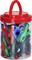 A transparent container with a red lid, filled with colourful plastic paperclips in red, blue, green and black.