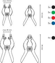 Zange in four views: top closed and open, bottom both open, dimensions noted on the right. Serves to illustrate the measurements.