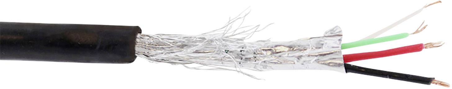 A coaxial cable with exposed inner wires in red, green, white and black, surrounded by silver shielding and black insulation.