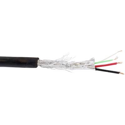 A coaxial cable with exposed inner wires in red, green, white and black, surrounded by silver shielding and black insulation.