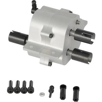 Metallic differential gearbox with mounting screws and small accessory parts, suitable for model vehicles.