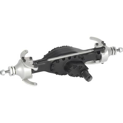 A black and silver mechanical component with a central housing and connecting parts at both ends, possibly a gearbox.