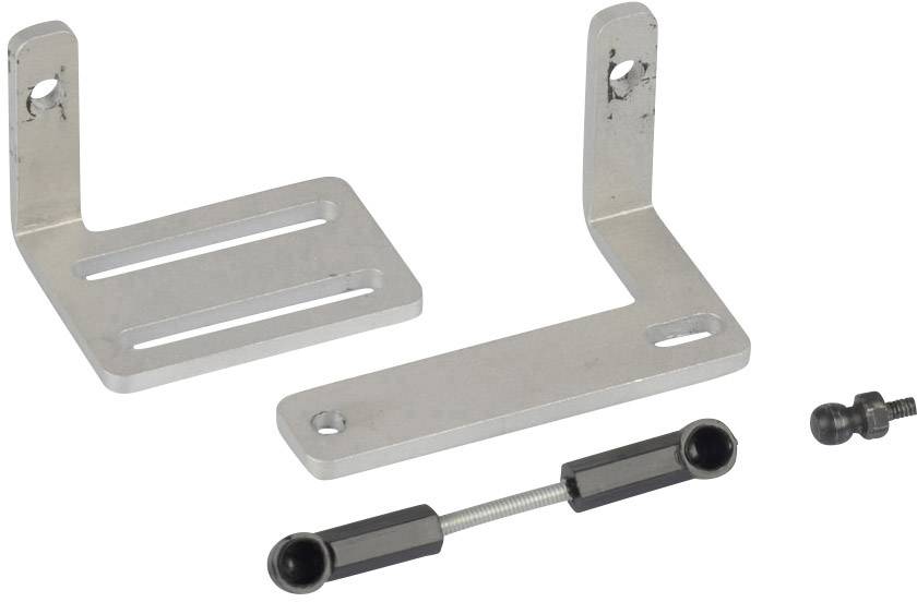 Two L-shaped metal brackets with elongated holes, a rod with ball joints, and two small screws on a white background.