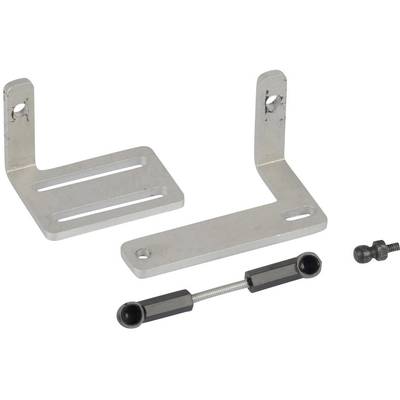 Two L-shaped metal brackets with elongated holes, a rod with ball joints, and two small screws on a white background.