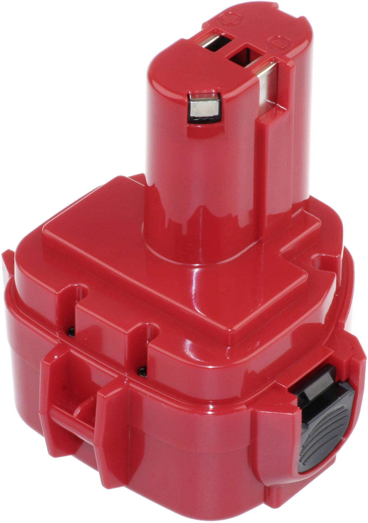 Red battery for power tools; rectangular shape with black side cap, suitable for cordless devices.