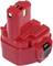 Red tool battery pack with plug connectors and locking mechanism, typical of rechargeable power tool batteries.