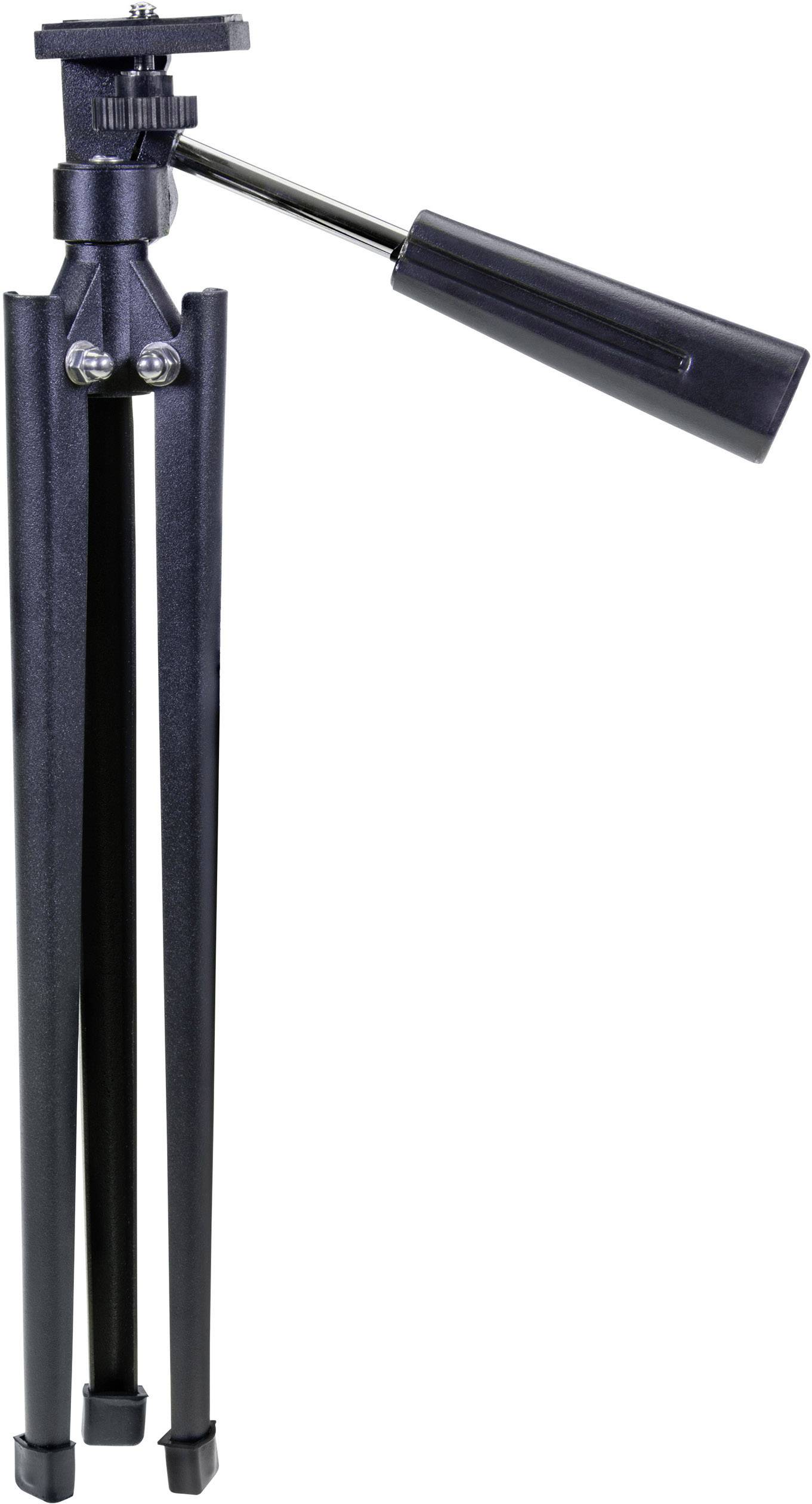 Black camera tripod with adjustable legs and handle, suitable for photography and video recordings.
